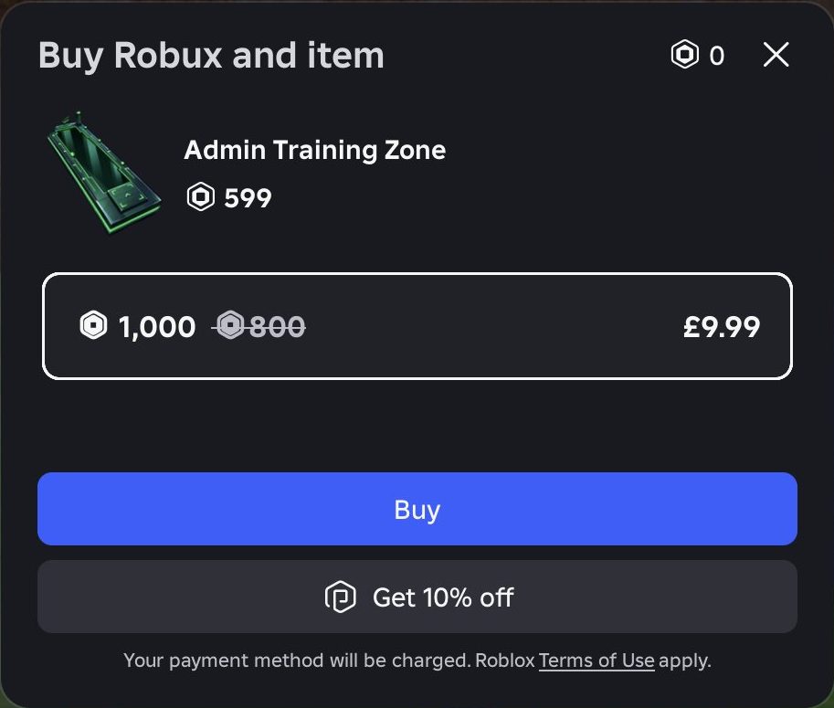 The Admin Training Zone pad, which opens a Robux prompt if you step on it