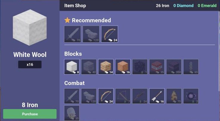 Buying White Wool in the Item Shop: 8 Iron for 16 blocks