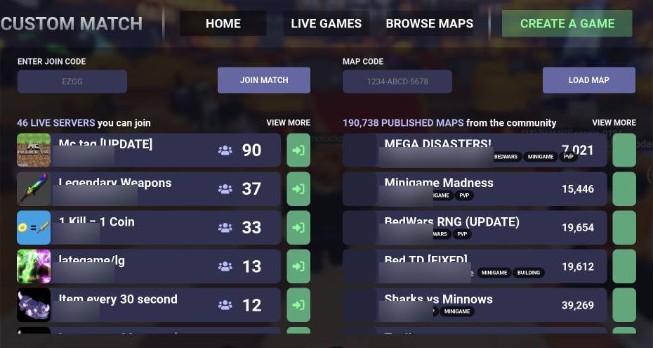 The Customs card opens Custom Match, where the join and map code boxes are