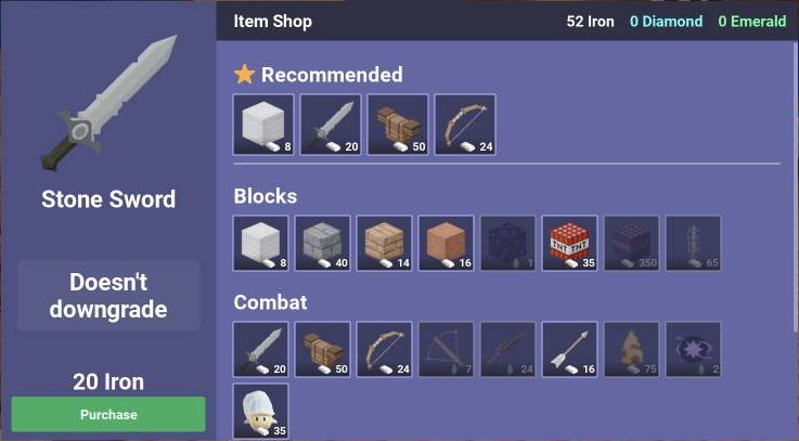 The Item Shop with 52 iron. The Stone Sword at 20 is a great first pick