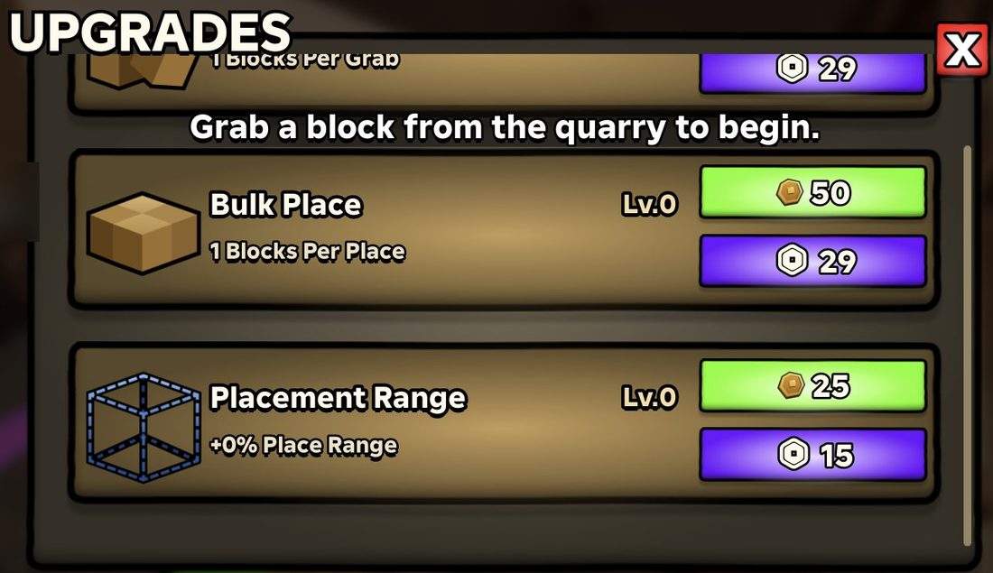 The UPGRADES menu with coin (green) and gem (purple) buttons