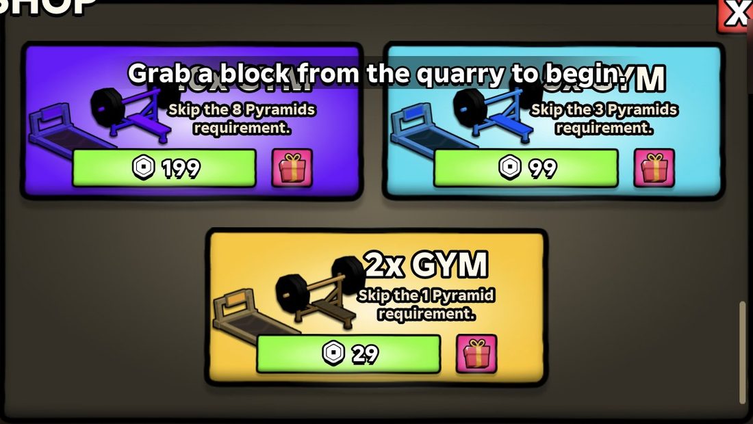 The 2x GYM is the cheapest gym unlock at 29 Robux