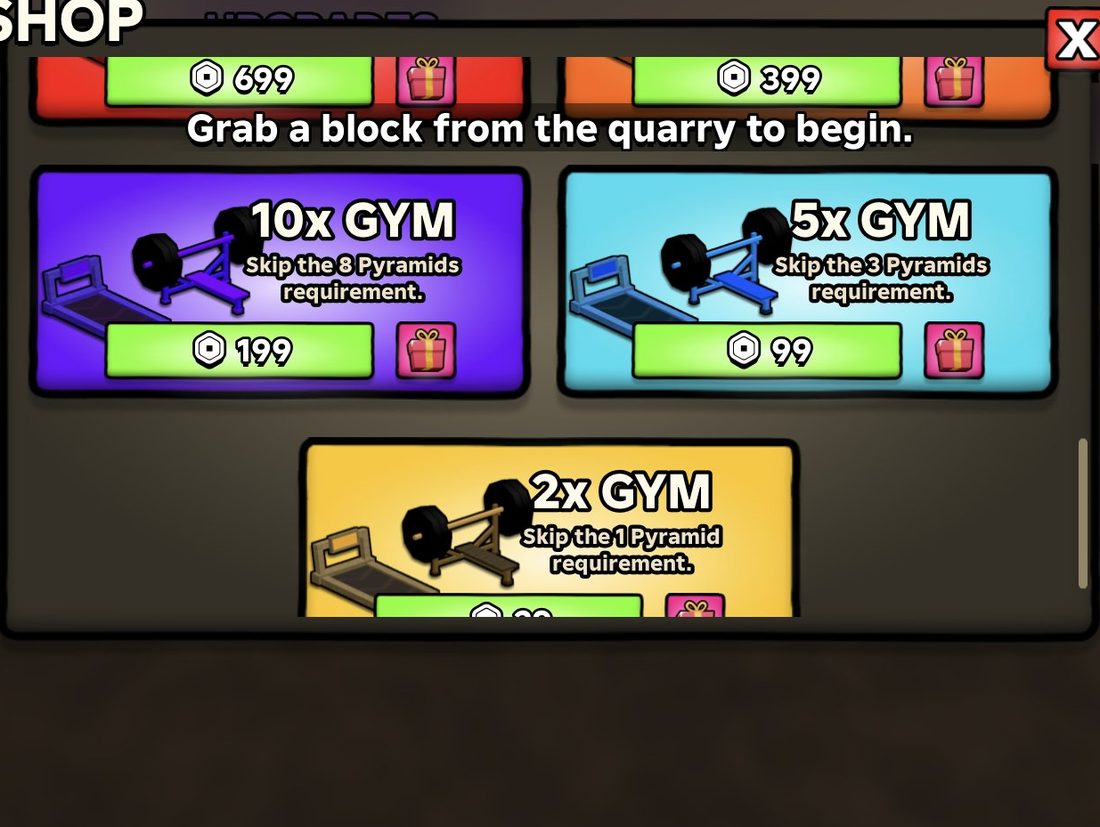 The 10x GYM entry shows it skips the 8 pyramids requirement