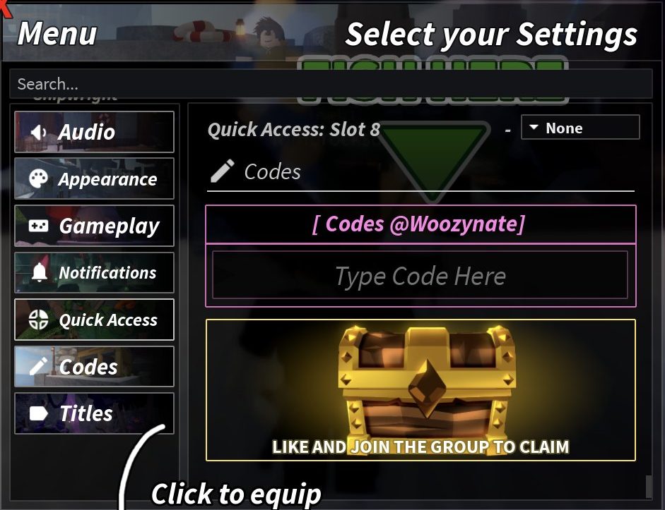 The Codes tab in the Menu, where you redeem codes and claim the group reward chest