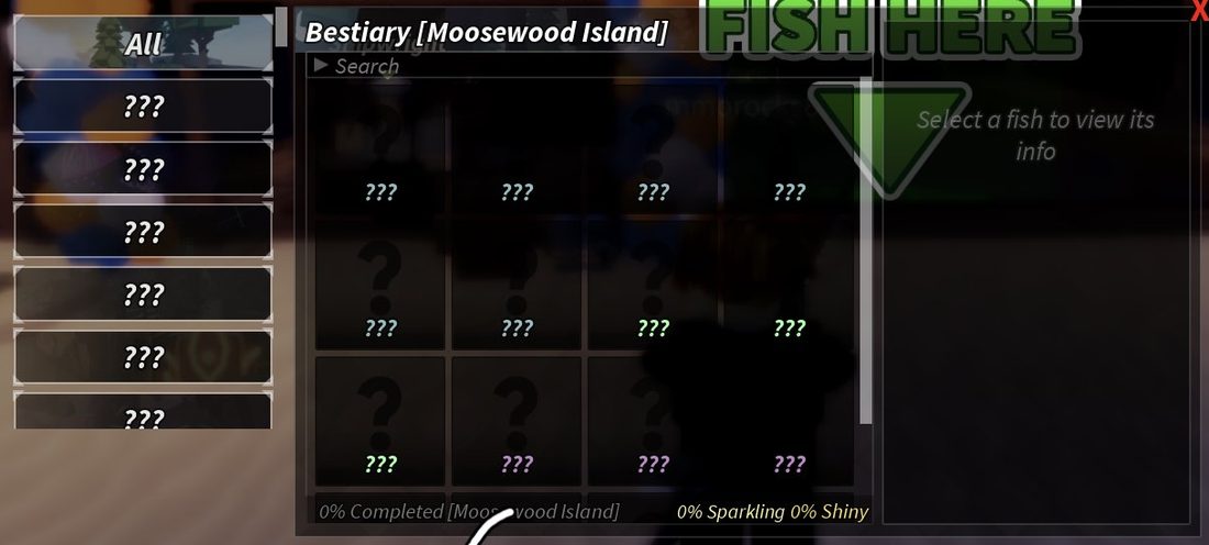 The Bestiary, with fish you haven't caught shown as ???