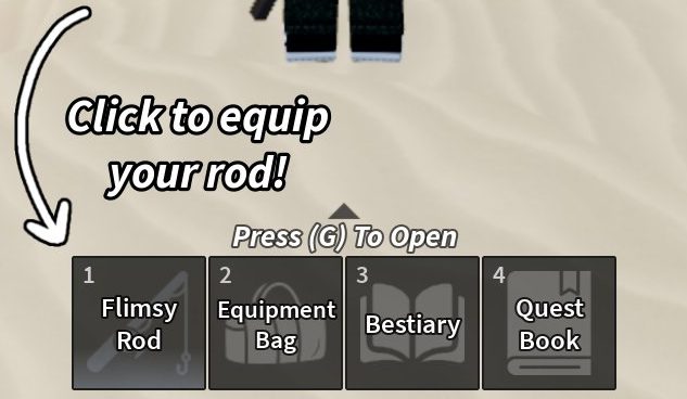 The starting hotbar with the Flimsy Rod, Equipment Bag, Bestiary and Quest