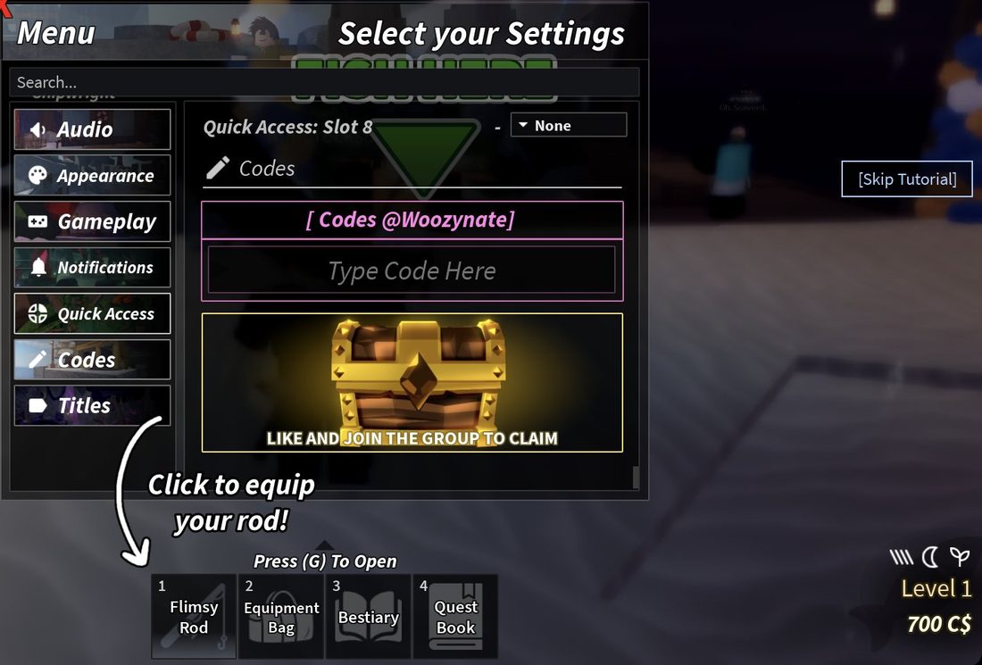 The Codes tab has the code box and the group reward chest