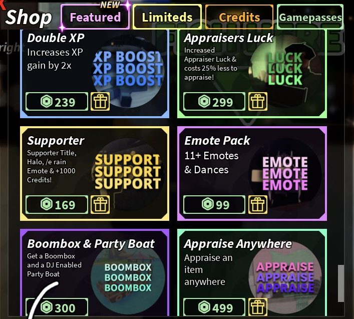 Appraise Anywhere for 499 Robux in the Gamepasses tab