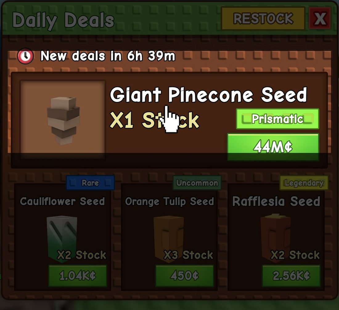 The Daily Deals tab offers discounted seeds for a limited time