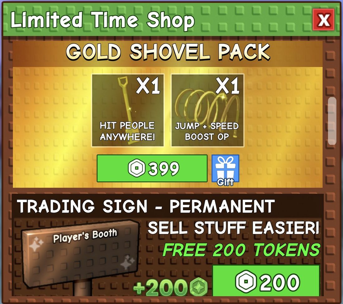 Gold Shovel Pack and Trading Sign prices in the shop
