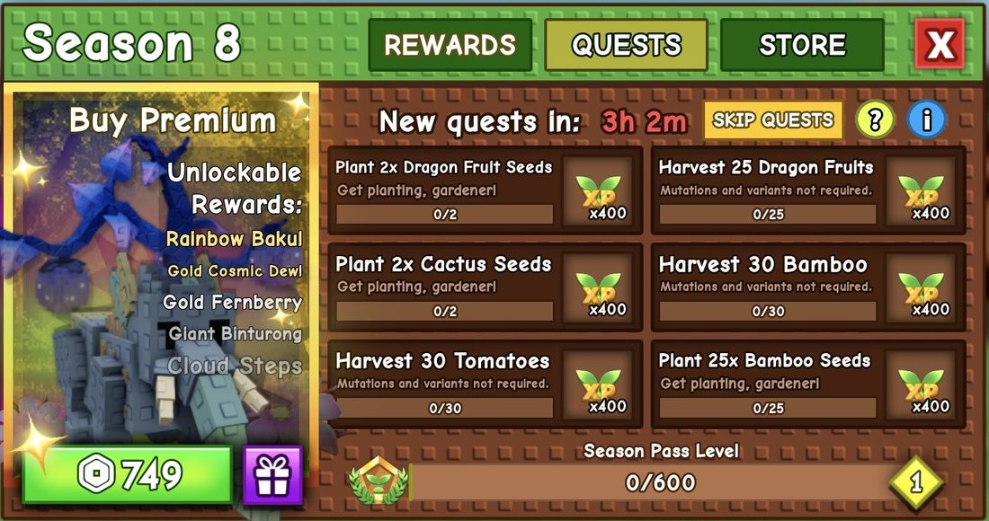 The QUESTS tab: each quest gives x400 Season Pass XP