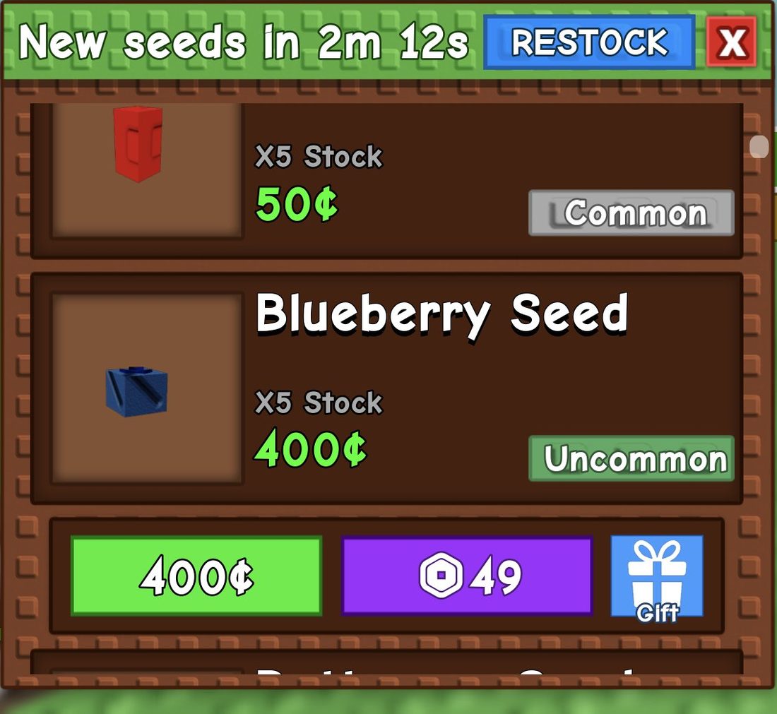 Blueberry Seed costs 400¢ or 49 Robux