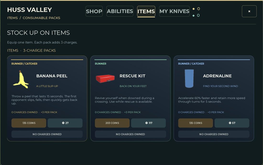 The Items shop with Adrenaline and Banana Peel and their prices