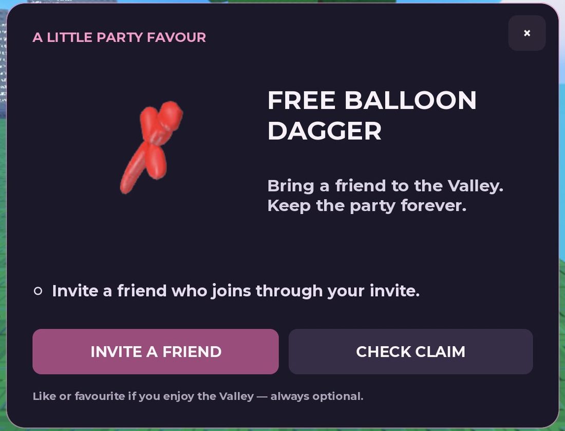 The Balloon Dagger is free when a friend joins through your invite
