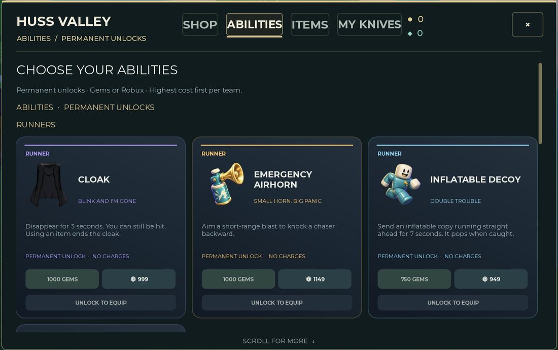 The Abilities tab: abilities must be unlocked before you can equip them