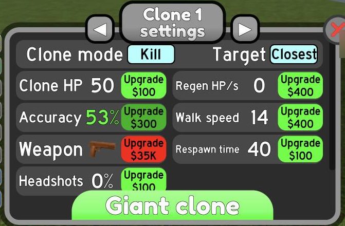 Clone 1 settings, with each stat on its own row and a green Upgrade button
