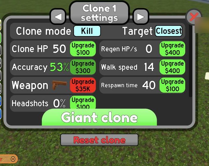 The Clone 1 settings panel, where your clone's upgrades live