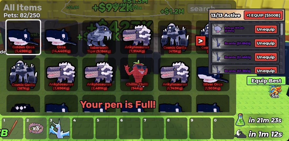 The pet inventory at 82/250 capacity