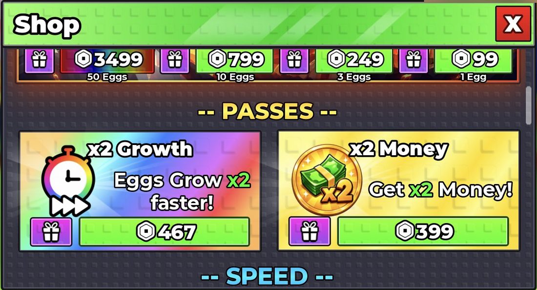 The X2 GROWTH SPEED! and X2 MONEY! passes with their Robux prices